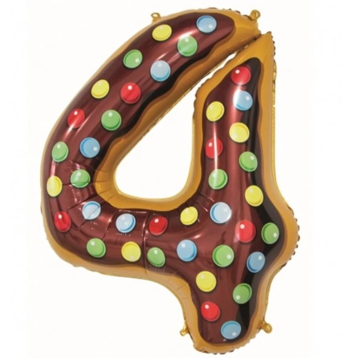 Фолиев балон от Fitilomania, фигурка с число, щампа на поничка, тема за рожден ден 100 см, индивидуална опаковка, сламка включена, надува се с въздух или хелий, многоцветен, число 4