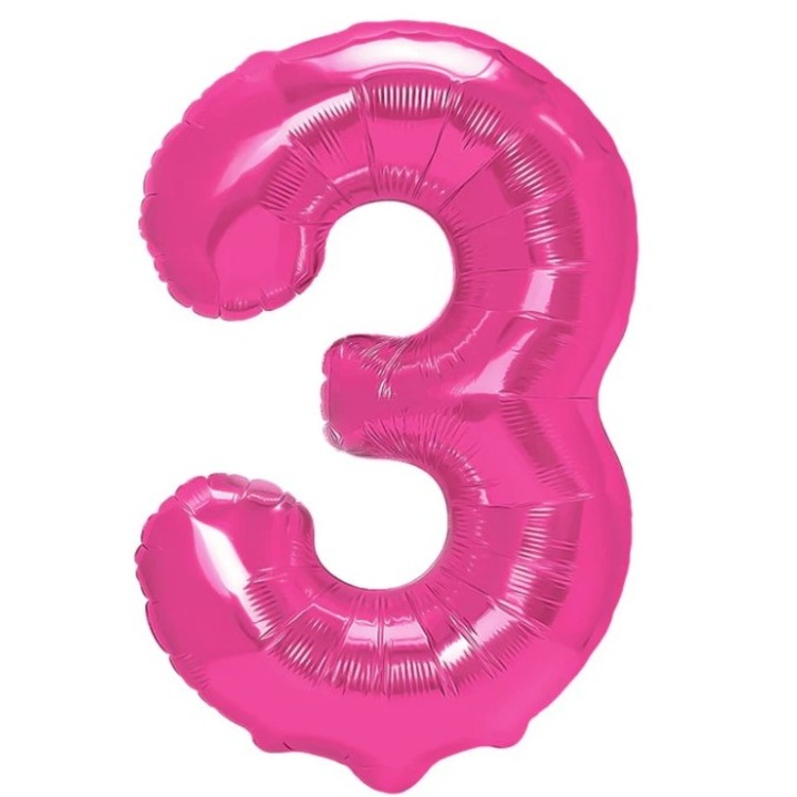 Балон от фолио Leski, Фигура, Тема Рожден ден 40 см, Индивидуална опаковка, Включена сламка, Надуване с въздух или хелий, Розов, Цифра 3