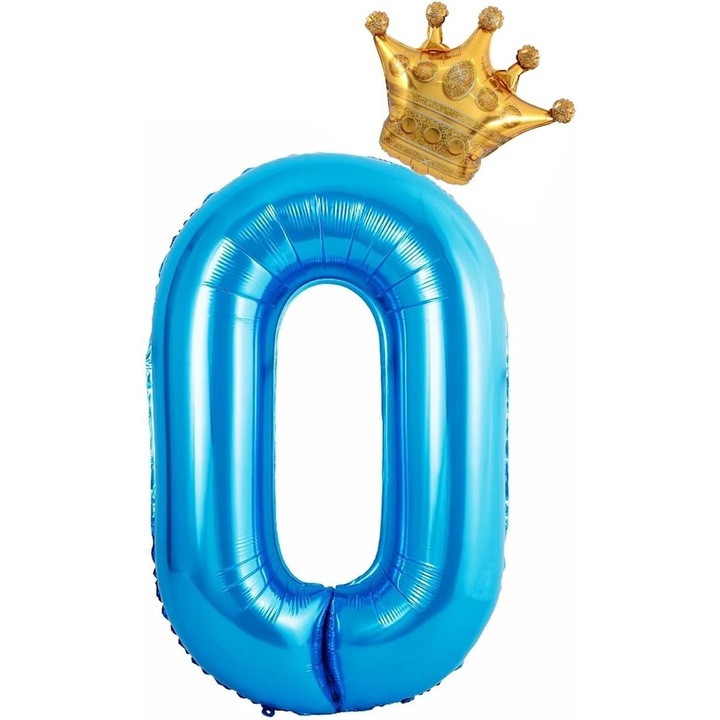 Leski Fólia Lufi, Szám és Korona Figura, Születésnapi Tématika 100 cm, Egyedi Csomagolás, Szívószál Tartozék, Levegővel vagy Héliummal Fújható, Kék, 0-ás Számjegy