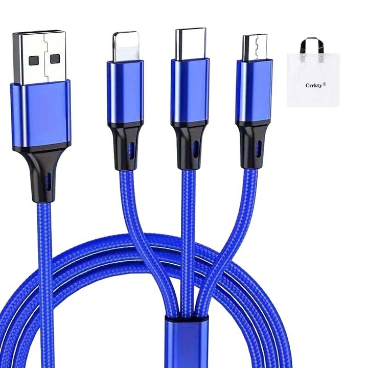 3 az 1-ben USB 3.0 C típusú gyorstöltő kábel 1,2 M 3 az 1-ben telefon Nylon fonott USB gyorstöltő kábel Android világításhoz / C típusú / Micro USB, kék