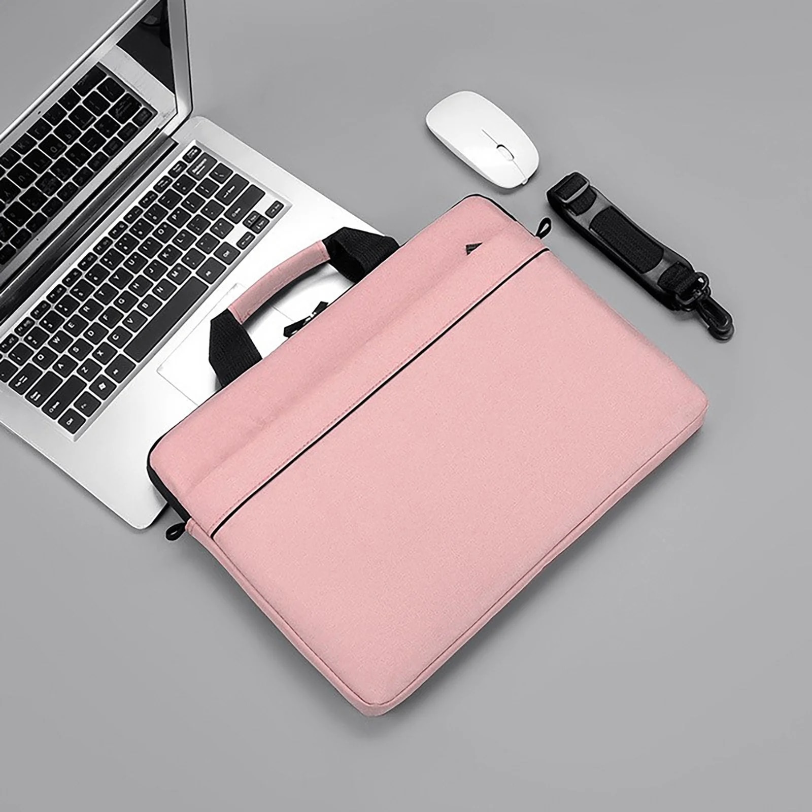 Geanta laptop, NAXSIR, 1 Geanta principala de depozitare, 1 Buzunar frontal, Curea de umar reglabila si detasabila, Atasabila valiza, Rezistenta la socuri, 15.6 inch, 41 x 30 x 3cm, Roz deschis