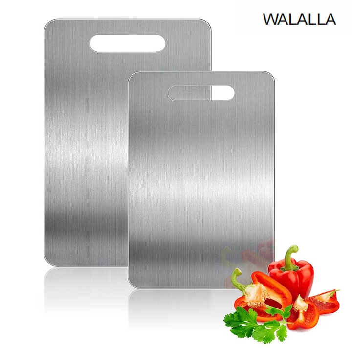 Pachet de 2 placi de taiat din titan, placi de taiat din otel inoxidabil, WALALLA, 30x20cm si 34x23cm, gri argintiu