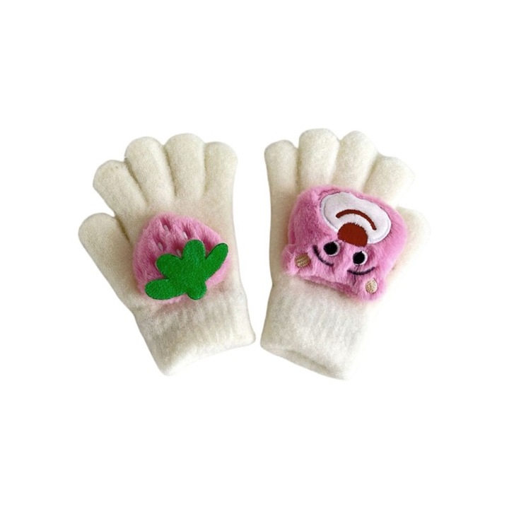 Manusi copii, alb + roz, model desen animat, 3-6 ani