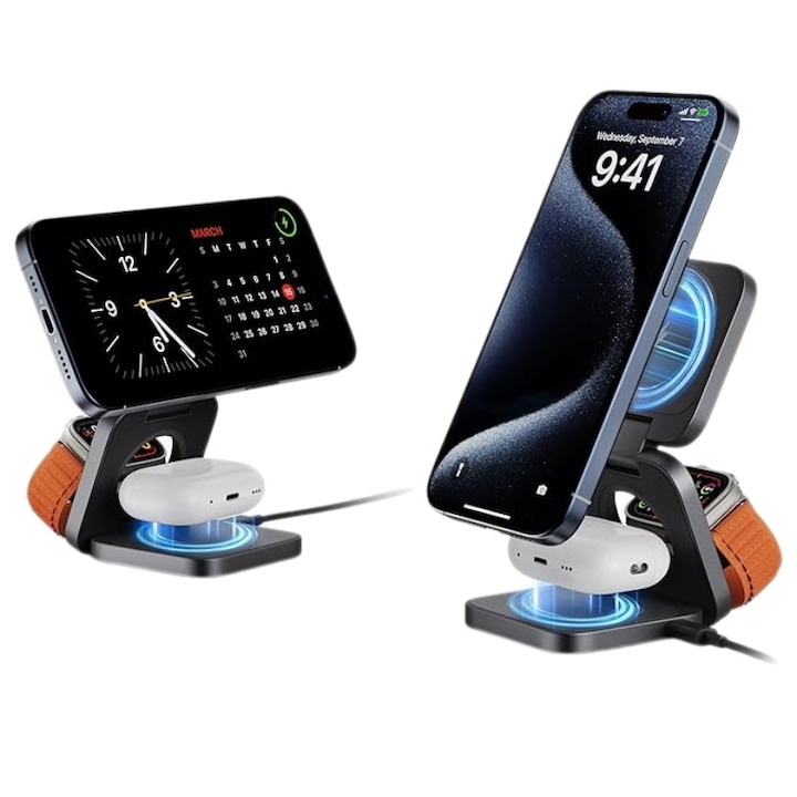 Juvion 3 az 1-ben vezeték nélküli töltő, 15 W, összecsukható kivitel, MagSafe, fekete, 14,4x13,4x3,4 cm
