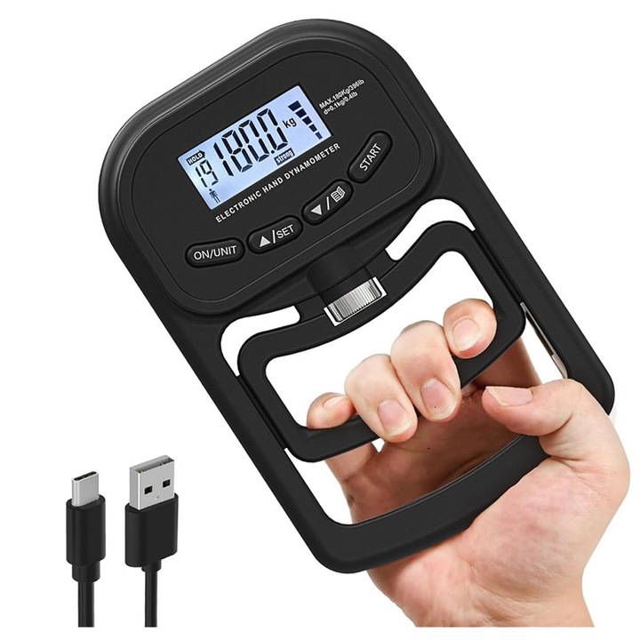 Antrenor de prindere de 120 kg, dinamometru de mana electronic reincarcabil, tester digital de rezistenta de prindere cu afisaj LCD, dinamometru de prindere reglabil pentru antrenamentul de forta a mainii