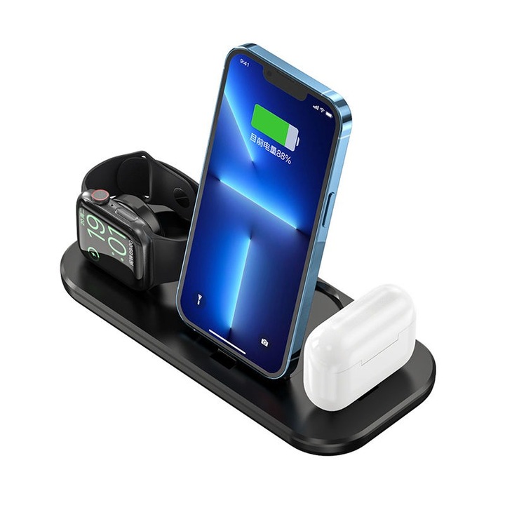 Juvion D6 3 az 1-ben töltőállomás, fekete, 21x9x2cm, mobiltelefonhoz, vezeték nélküli fejhallgatóhoz és órához