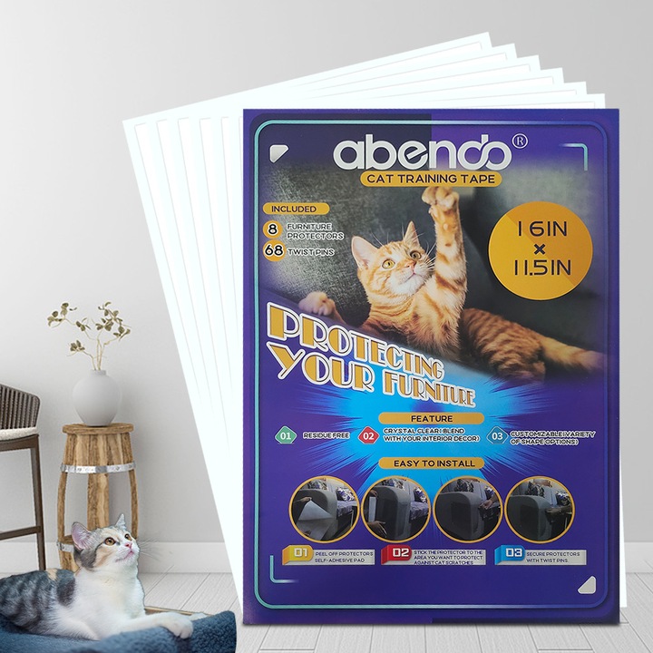 Set de 10 foi de folie de protectie pentru a preveni zgarieturile cainilor si pisicilor, 45*30, pentru protejarea produselor din lemn sau textile, paturi, canapele, scaune, usi, covoare, polietilena impermeabila autoadeziva, cu 40 de cleme