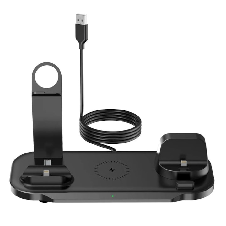 Juvion D7 3 az 1-ben töltő, fekete, 25x12x6,3 cm, mobiltelefonhoz, vezeték nélküli fejhallgatóhoz és órához, 360°-ban elforgatható támogatás