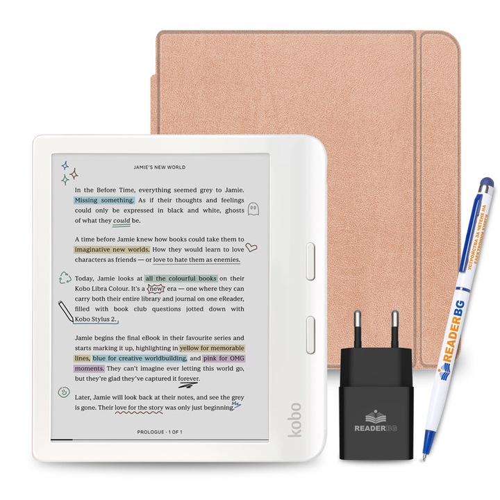 Комплект четец Kobo Libra Colour, Калъф Розово злато, 4 части, Бял