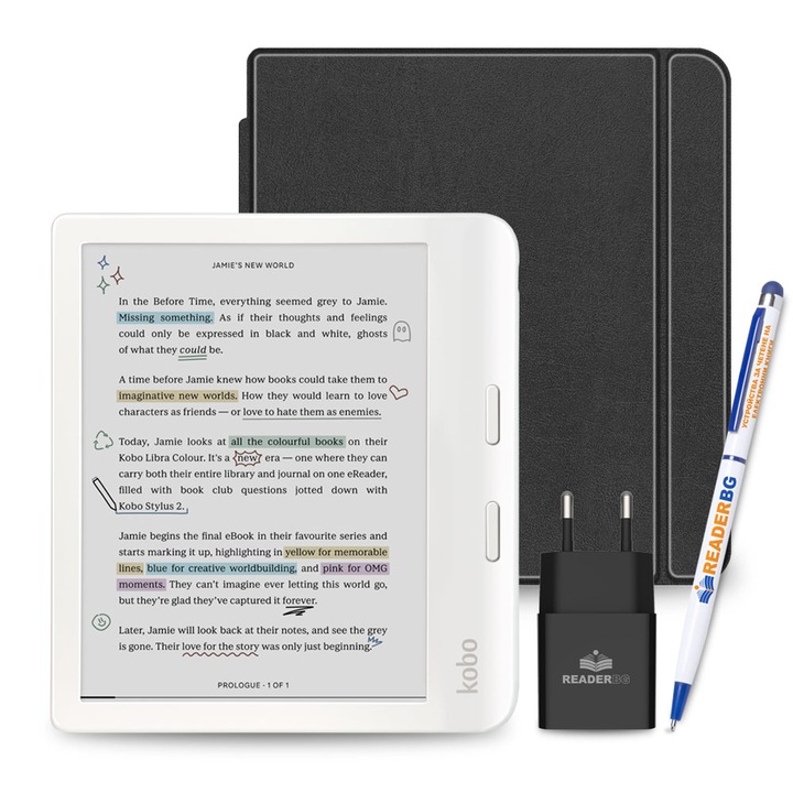 Комплект четец Kobo Libra Colour, Калъф Черен, 4 части, Бял