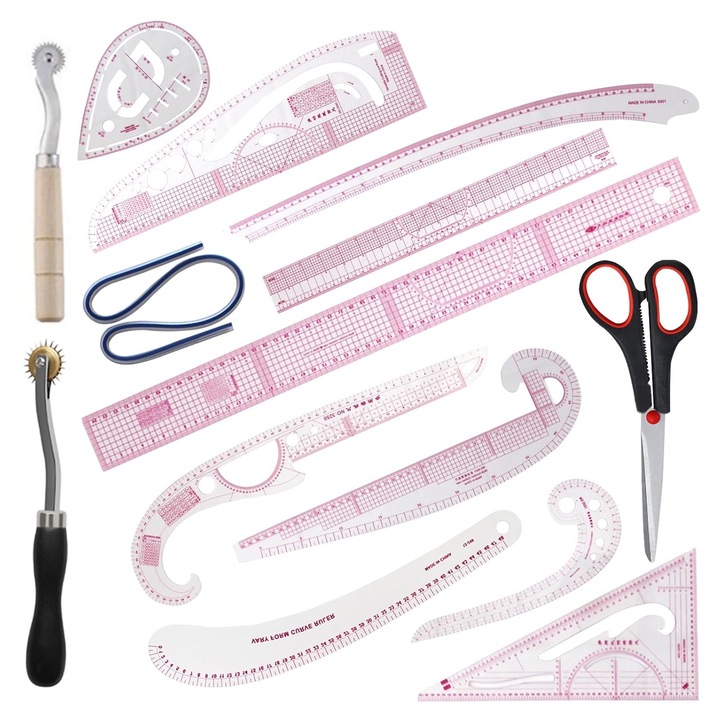 Set 14 instrumente masurat rigla croitorie, Hggzeg, Precizie ridicata, Clar si usor de citit Diverse forme, Pentru sabloane de cusut, croitorie si desenare de modele, Plastic, Transparent/Roz