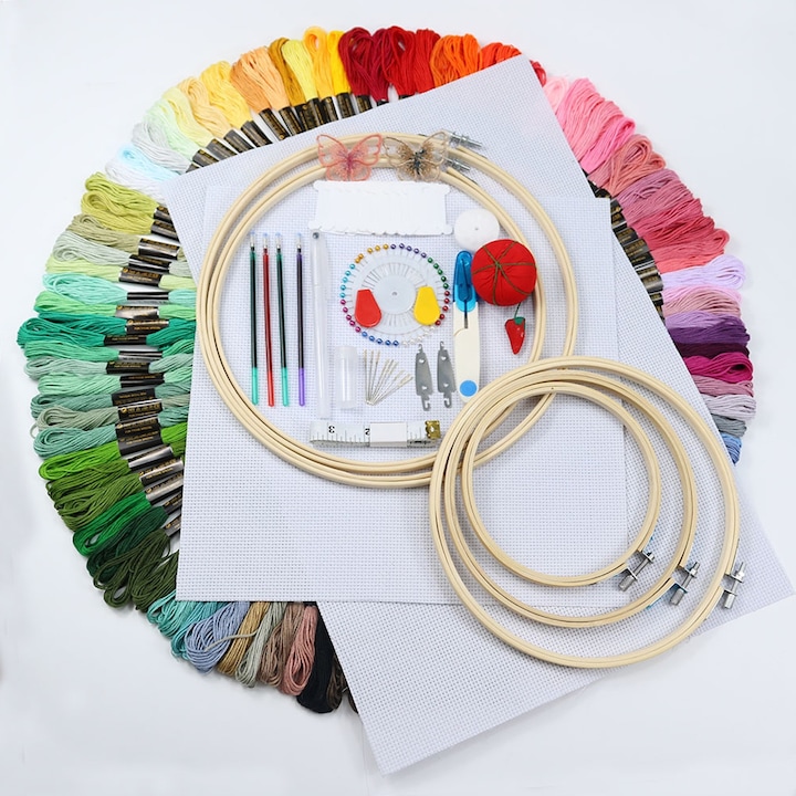 Kit profesional de broderie, Hggzeg, 150 fire colorate, 5 cercuri de bambus, 2 panze etamina, 30 ace + alte accesorii, Usor de lucrat si cusut, Potrivite pentru tricotat modele DIY, Multicolor