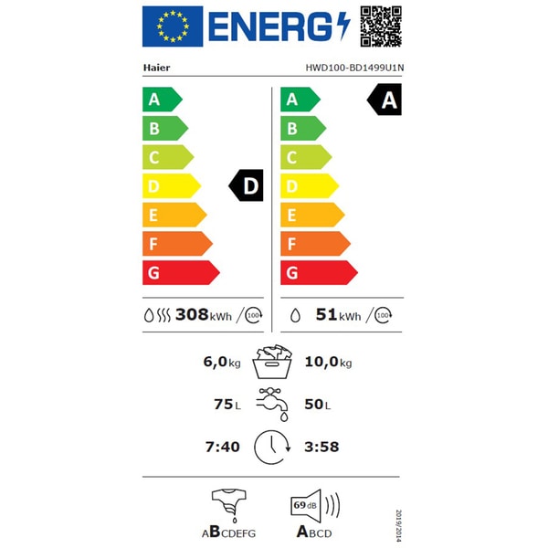Masina de Spalat Rufe Frontala Slim cu Uscator HAIER HWD100-BD149U1N, Wi-Fi, 10/6 kg, 1400rpm, Clasa A/D, Alb
