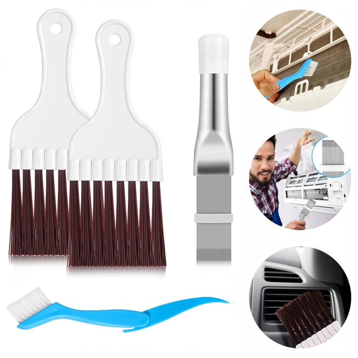Set 4 perie curatare condensator uscatoare de rufe, Axroad Mall, Design pliabil si ergonomic, Usor de utilizat si de curatat, Pentru curatarea unitatilor de aer conditionat, serpentinelor, frigiderelor, evaporatoarelor, Metal/Plastic, Albastru/Argintiu