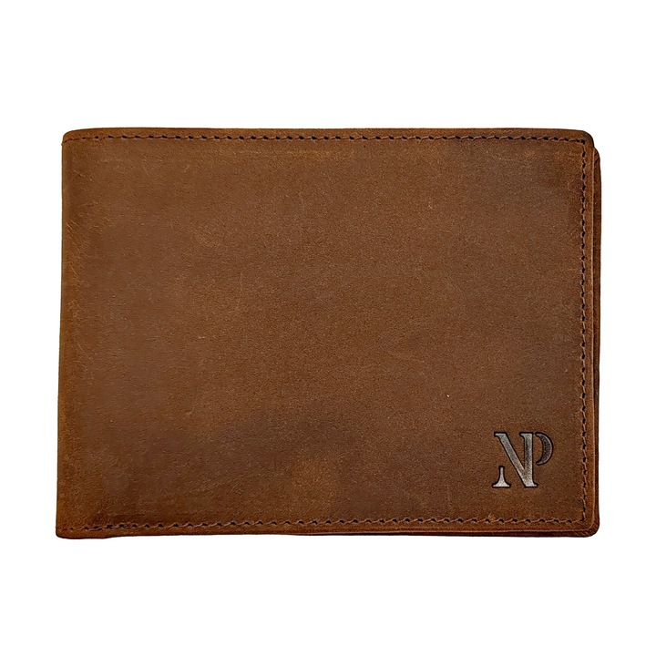 Portofel NP slim maro barbatesc cu protectie RFID din piele naturala, cu buzunar CI si 10 carduri