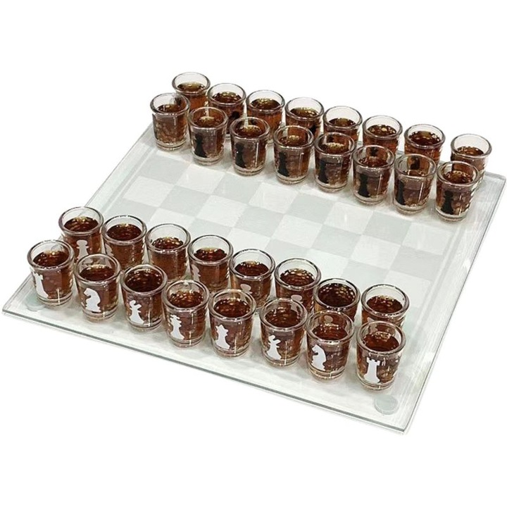 Sah eMazing - Joc de societate cu pahare pentru shoturi din sticla, dimensiuni: 35x35 cm, transparent