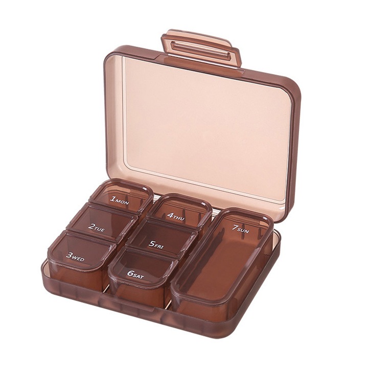 Organizator medicamente, ZXJDN®, Plastic, 7 Compartimente, 8.5*11*2.5cm, Culoare maro