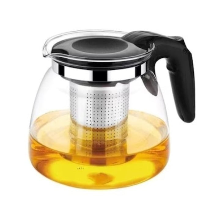 Ceainic cu infuzor, din sticla termorezistenta, capacitate 1, 1L, cu maner rece, diametru 13, 5 cm, negru