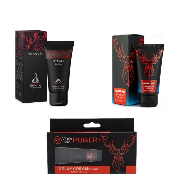 Pachet pentru marirea zonei genitale si ejaculare precoce, Titan Gel + Maral Gel + Virgin Power +