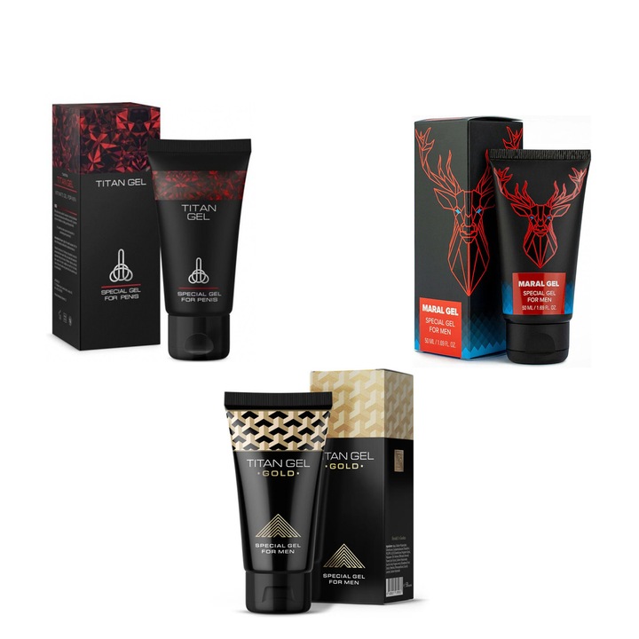 Pachet, Titan Gel + Atlant Gel + Titan Gel Gold, pentru marirea zonei genitale si erectii puternice, Bioaqua