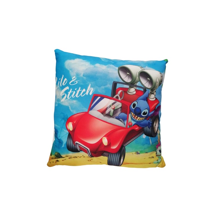 Perna personalizata pentru copii, tip Stitch, albastru deschis, 45 cm x 45 cm
