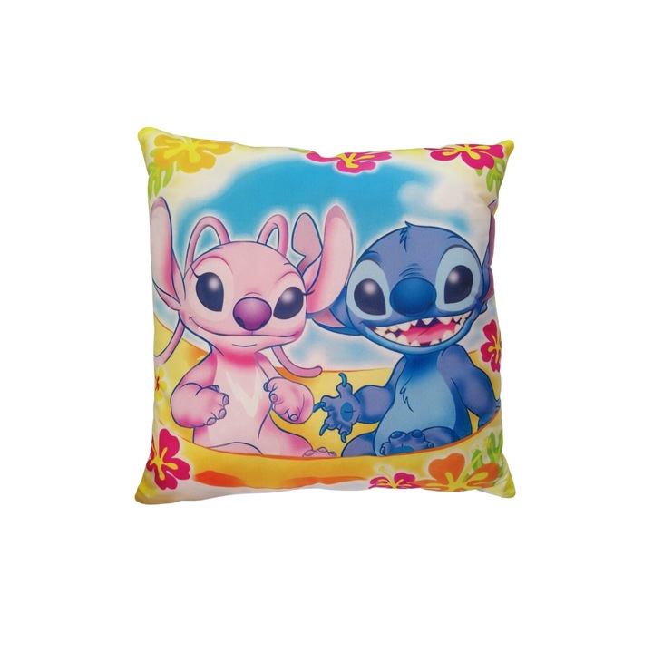 Perna personalizata pentru copii, tip Stitch, albastru/roz, 45 cm x 45 cm