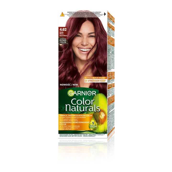Vopsea de par Garnier Color Naturals nr. 4.62, 5 uleiuri, pana la 100% acoperire, 60ml + 40ml + 12ml