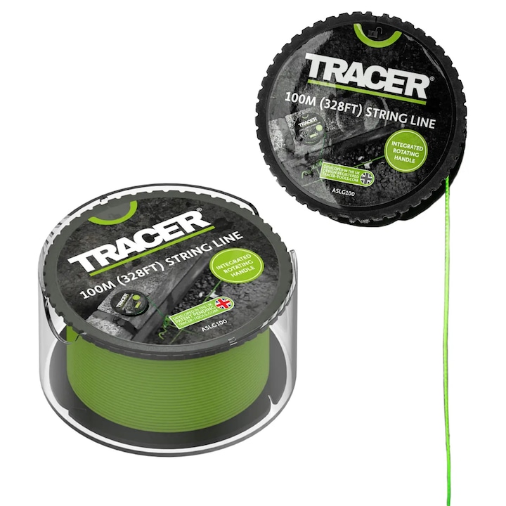 TRACER ASLG100 sfoara trasat verde 100 m pe tambur - maner integrat, vizibilitate mare - pentru dulgheri/tamplari, DIY si profesionisti in constructii