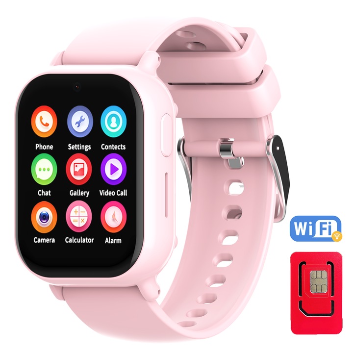 Techone™ TinyTracker CT22 Детски GPS смарт часовник с местоположение и телефон, 1,55 инча AMOLED, 4G LTE, видео разговори, HD камера, Wi-Fi, водоустойчив IP67, телефон, SOS, шпионски мониторинг, розов