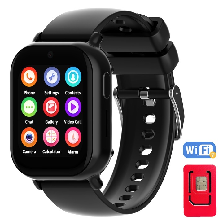 Детски GPS смарт часовник с местоположение и телефон Techone™ Tiny GPS, 1,55 инча AMOLED, 4G LTE, видео разговори, HD камера, Wi-Fi, IP67 водоустойчив, телефон, SOS, шпионско наблюдение, черен