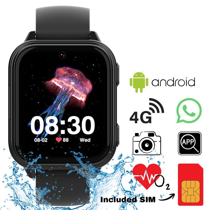 Ceas Smartwatch GPS Copii Cu Localizare Si Telefon Techone™ GuardianKid KT33, WhatsApp, 1.8 inch Super AMOLED, 4G LTE, Apel video, Camera HD, Wi-Fi, Rezistent la Apa IP67, Telefon, SOS, Monitorizare Spion, Ritm Cardiac si Oxigen, Negru
