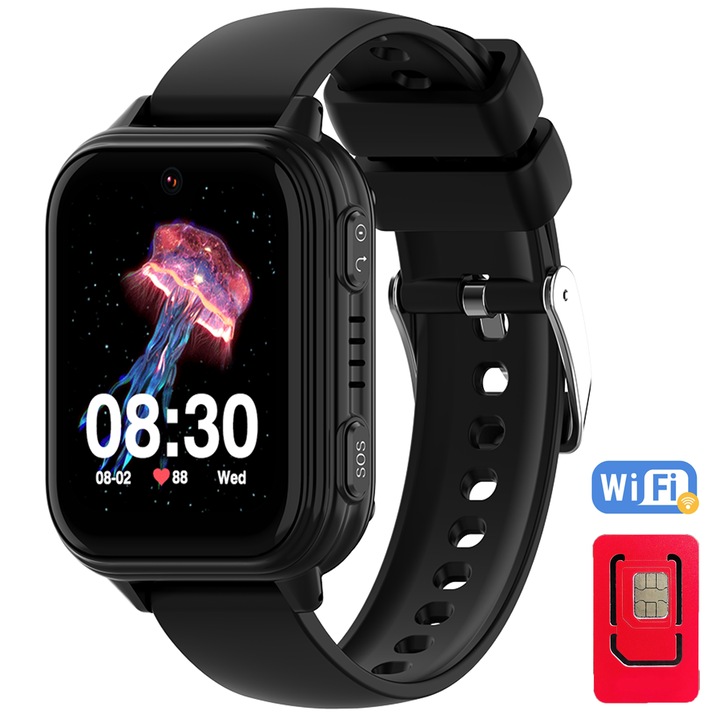 Techone™ GuardianKid KT33 Kidsokosóra, GPS helymeghatározással, WhatsApp, 1,8" Super AMOLED, 4G LTE, videohívás, HD kamera, Wi-Fi, vízálló IP67, telefon, SOS, kémfigyelés, pulzusszám és oxigén, fekete