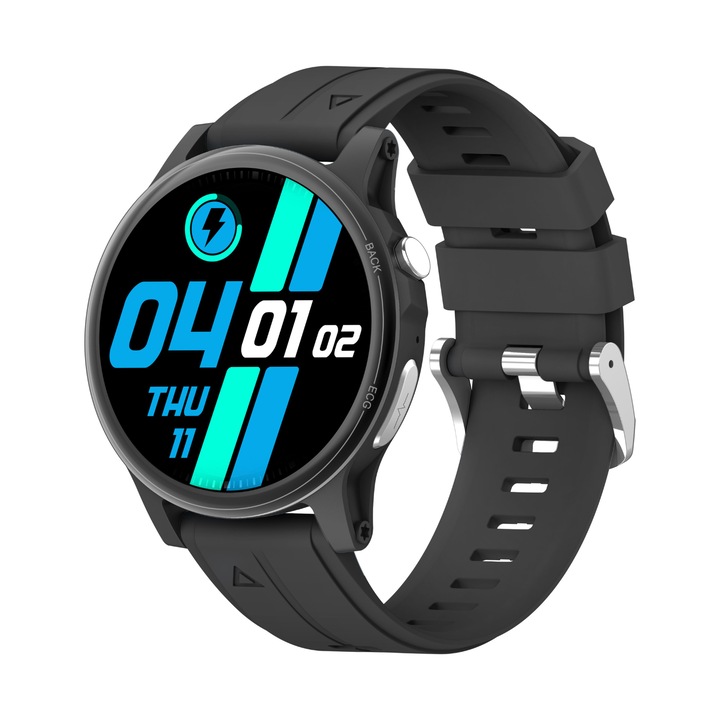 Ceas smartwatch Vitalis, Ronic X, inteligent, fitness, sport, rezistent apa, electrocardiograma EKG, notificari, monitorizare somn, HD touch screen 1.39", microfon HD, unisex, negru