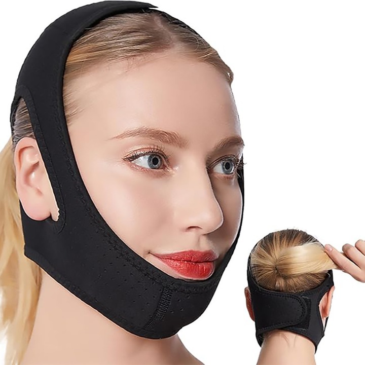 Curea pentru barbie, BOMSTOM, Ajustabila, Anti sforait, Pentru barbati si femei, Respirabila, Negru