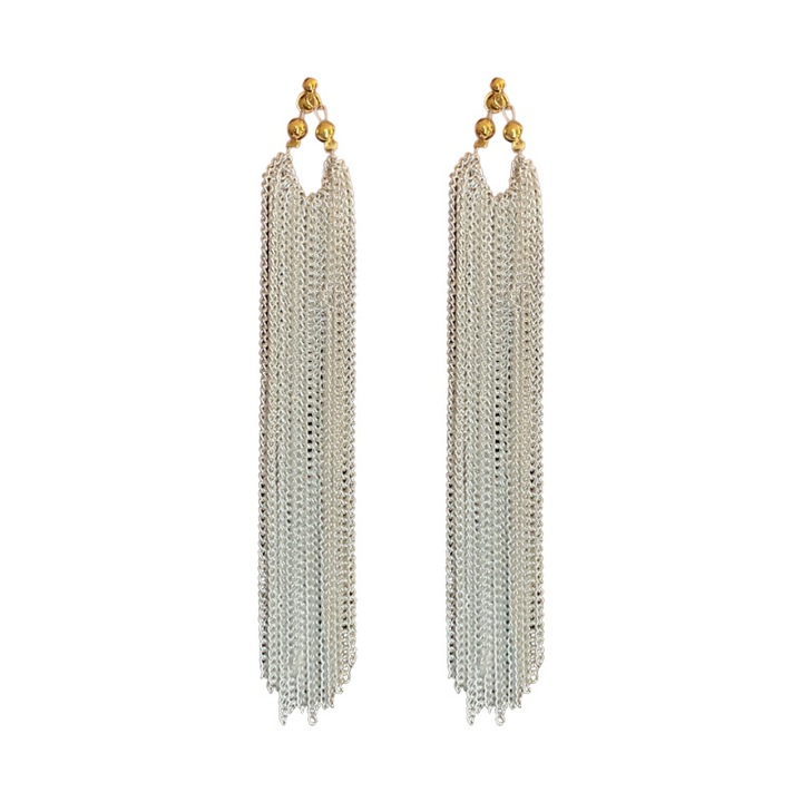 Hosszú fülbevaló rojtokkal környezetbarát cinkötvözetből, ezüst osztrák kristályok, esküvői ékszerek