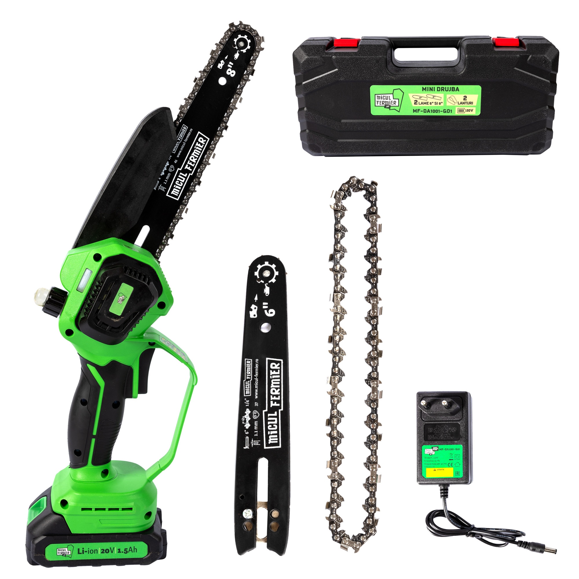 Mini fierastrau electric / mini drujba cu lant pe acumulator Micul Fermier MF-DA1001-G01, 20 V 1.5 Ah, motor fara perii, lama 6" + lama 8", 2 lanturi, sistem fixare SDS, rezervor u