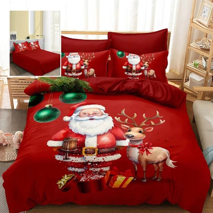 3D karácsonyi ágynemű finomból, franciaágy, 220 x 230 cm, 6 db, Különleges ágynemű, Mikulás és rénszarvas