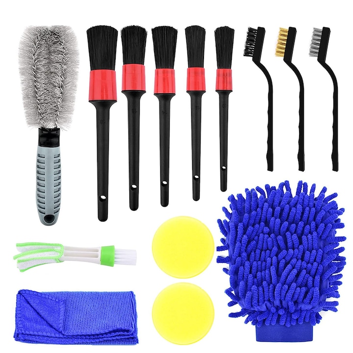 Комплект четки за почистване на автомобили, SINBINTA, 14 части, Четки, почистващи кърпи и ръкавици, Ергономичен дизайн, Преносим, Издръжлив, За колела, прозорци, табла и вентилационни отвори, Многоцветен, Пластмаса/микрофибър