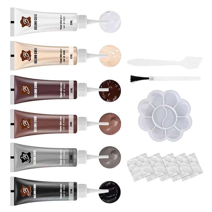 Kit reparatii si restaurare piele, SINBINTA, Cu perie, 6 optiuni de culoare diferite, Usor de utilizat, Design ergonomic, Reparatie eficienta, Portabil, Pentru tapiterie auto, canapele, jachete, fotolii si produse din piele, Multicolor