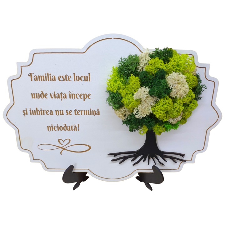 Tablou din lemn multiform A4 (30x21 cm) - Familia este locul unde viata incepe, decorat cu licheni stabilizati verzi