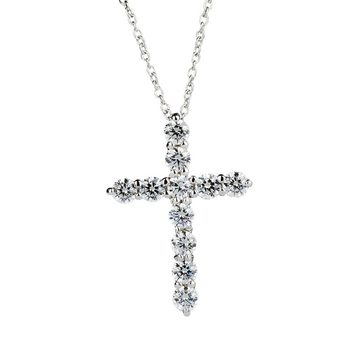Колие с висулка кръст с циркони, Регулируема дължина, Сребрист