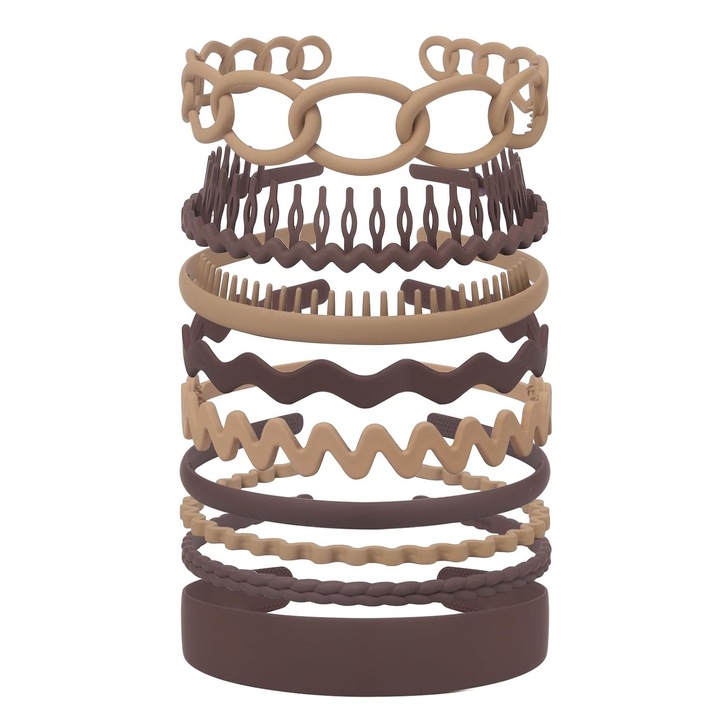 Set 9 bentite, SINBINTA, Elastic par hoop, Non slip simplu headwear, Usoare, Pentru parul lung si cret acasa, in aer liber, sport si yoga, Usor de asortat, Pentru fete si femei, Plastic, Multi-Style, Kaki /Maro