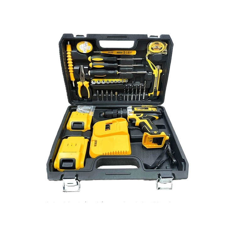 Set Masina de gaurit, Surubenita electrica, Bormasina, Boxely ®, Cu percutie, pentru gaurit si insurubat, 2 Acumulatori 24 v, 30 Accesori Incluse, Trusa Inclusa, 500W, statie incarcare, Negru/Galben