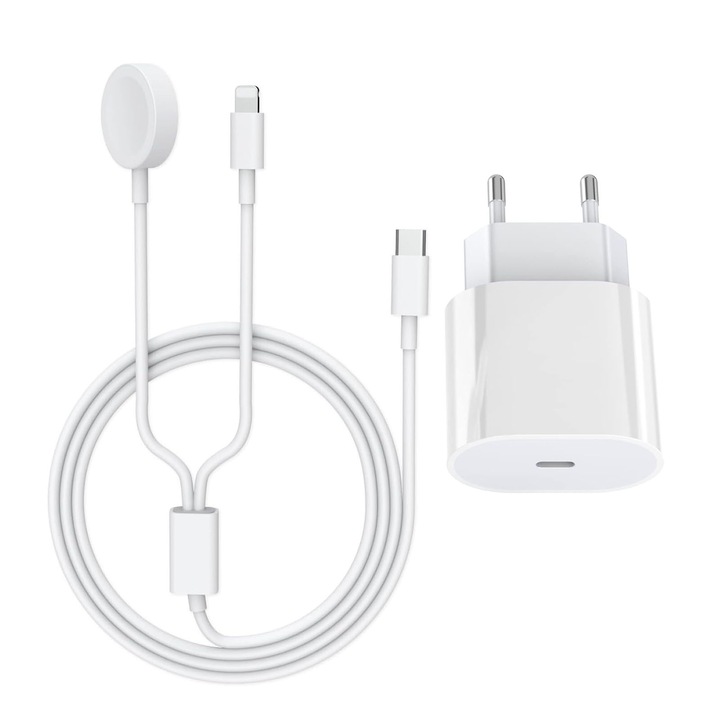 Type-C 20W зарядно устройство за смарт часовник, SINBINTA, 2 в 1, Type-C кабел за зареждане, Преносим, Лесен за използване, Бързо зареждане, Съвместим IWatch Series 1/2/3/4/5/6/7/8/SE/Nike+ /Ultra, 38-44 мм, Бързо зареждане, Бял