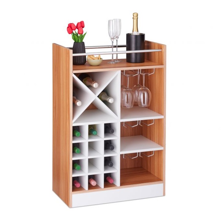 Suport sticle de vin, Kraftpunkt®, pentru 22 sticle, cu 3 suporturi pentru 18 pahare, cu raft, maro, 96 x 63 x 35 cm