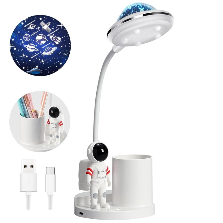Lampa de Birou Pentru Copii, Lampa de birou pentru copii LED portabila, Pliabila, cu Proiector de Perete Si cu Suport Instrumente Birou, 1200 Mah, USB Reincarcabila, Astronaut, Alb
