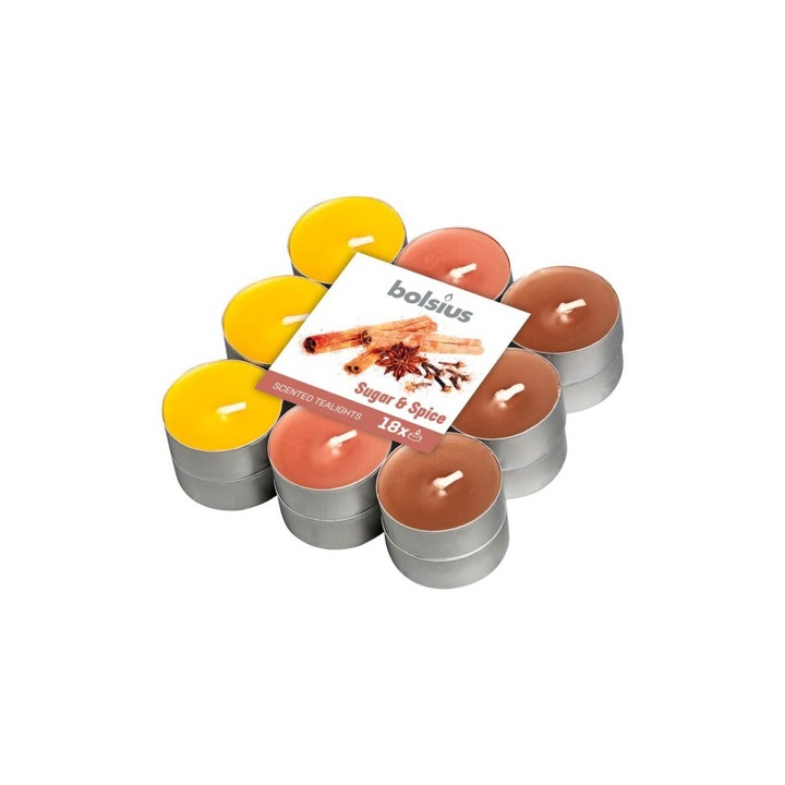 Опаковка от 18 ароматизирани свещи Bolsius, Sugar & Spice, 4ч