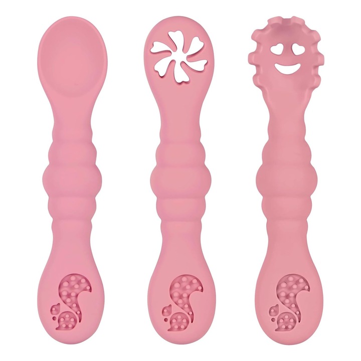 Комплект от 3 прибора за деца, SIBINTA, Ергономичен дизайн, Без алергени, 12 месеца, Преносим, Мек и издръжлив материал, Кух дизайн, Лесен за почистване, Неплъзгащ се, Издръжлив, Силикон, 11,2 x 2,4 см, Розов