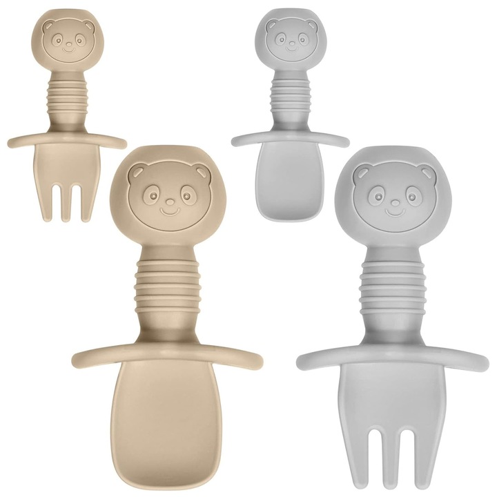 Tacamuri pentru copii, SINBINTA, 4 buc, Furculita, Design ergonomic, Fara alergeni, 8 luni+, Portabil, BPA free, Materialul moale si durabil, Usor de curatat, Antialunecare, Durabile, Silicon alimentar, 8x2.5x4.5cm, Gri/Crem