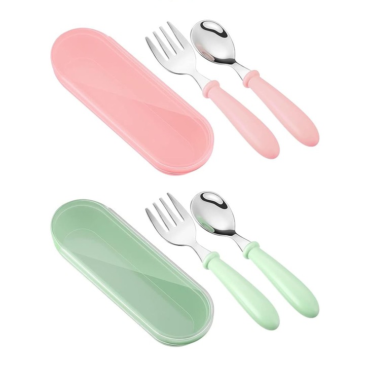 Tacamuri pentru copii, SINBINTA, 4 buc, Furculita si lingurita, Design ergonomic, Portabil, BPA free, Materialul moale si durabil, Usor de curatat, Antialunecare, Durabile, Otel inoxidabil 304, 14x5 cm, Roz/Verde